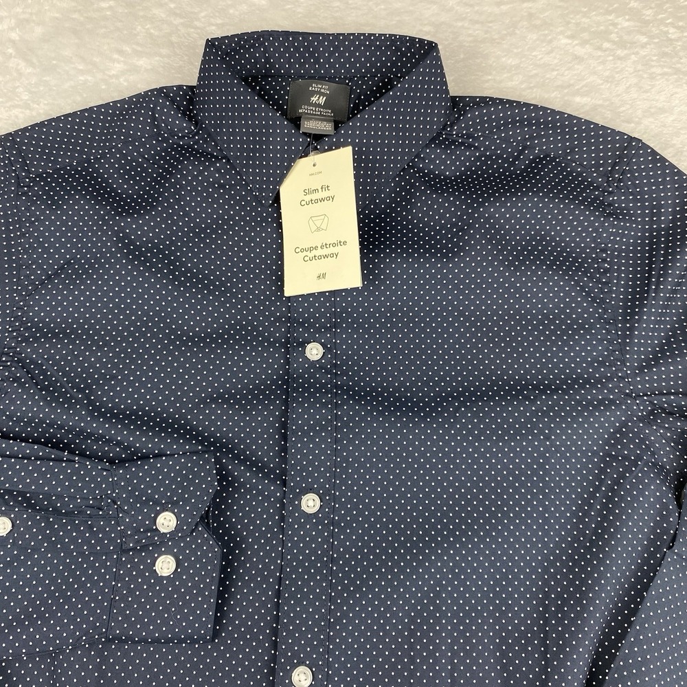 H&M Dress Shirt Mens Small Navy Blue w/White Dots Slim Fit Easy Iron NWT!